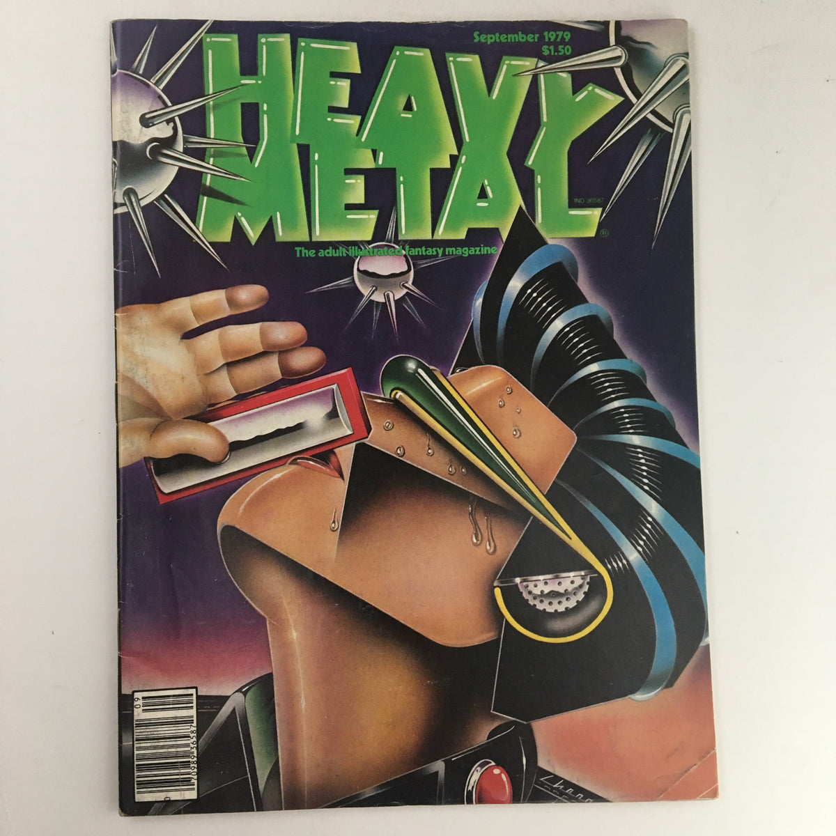 Heavy Metal Magazine September 1979 cover artwork titled 'Love Hurts' by Jim Cherry, featuring vibrant colors and dynamic imagery capturing the essence of 1970s comic art.