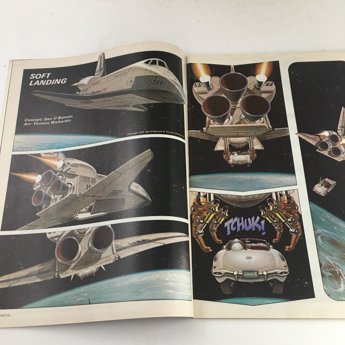 Comic pages from Heavy Metal Magazine September 1979, showcasing the story 'Soft Landing' with illustrations by Thomas Warkenin, featuring a spaceship in a cosmic environment.