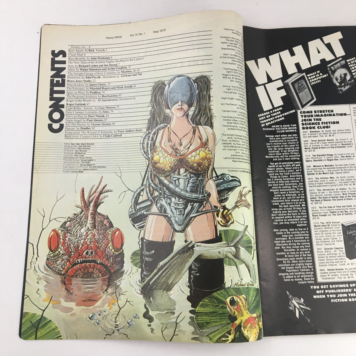 Contents page of Heavy Metal Magazine May 1979, illustrating various stories including The Wizard of Anharitte by Peter A. Jones, with striking artwork and a list of featured articles.