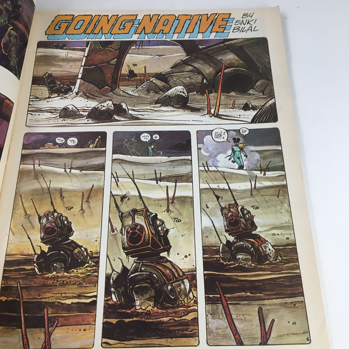 Heavy Metal Fantasy Magazine April 1979 - Comic page featuring illustrations from 'Going Native' by Enki Bilal, showcasing a unique blend of science fiction and fantasy art.