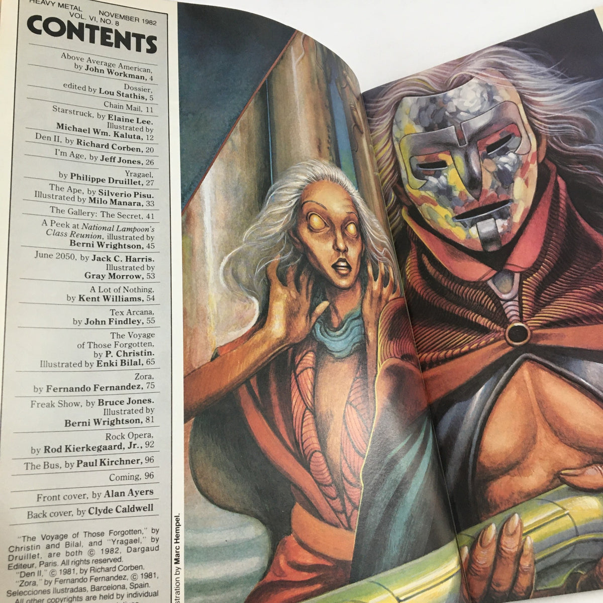 Inside contents page of Heavy Metal Magazine November 1982 listing featured stories and illustrations, showcasing the creative narratives of the issue.