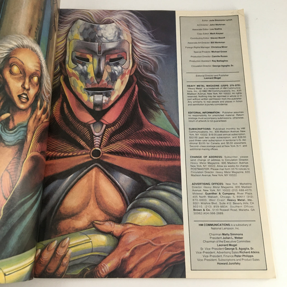 Interior page of Heavy Metal Magazine November 1982 featuring dramatic illustrations and editorial information, highlighting the artistic style of the magazine.