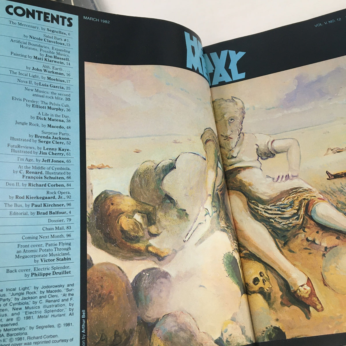 Inside contents page of Heavy Metal Magazine March 1982 Electric Splendor, showcasing articles and illustrations.