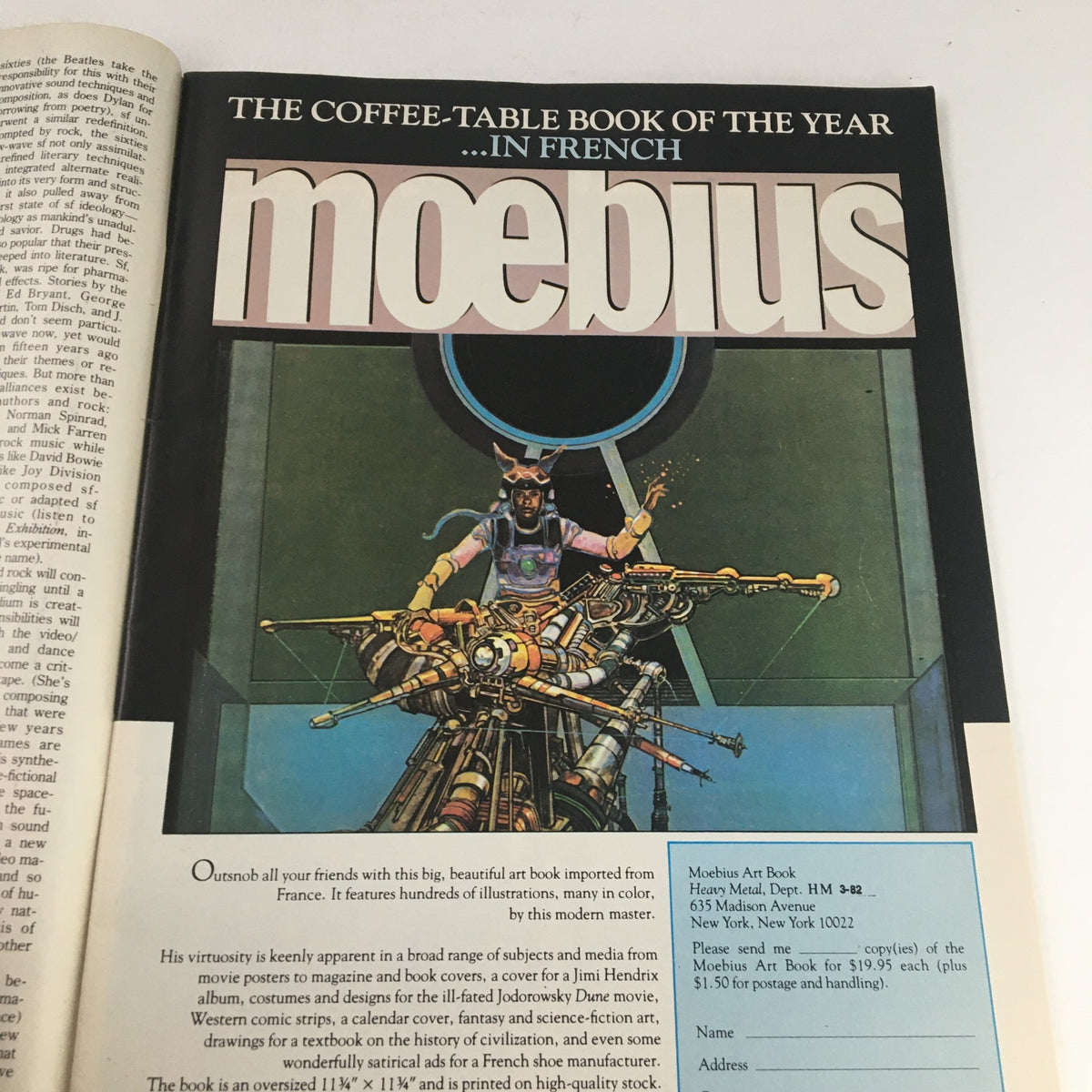 Moebius Art Book page featuring artwork and information on the Heavy Metal Magazine March 1982 Electric Splendor issue by Philippe Druillet.