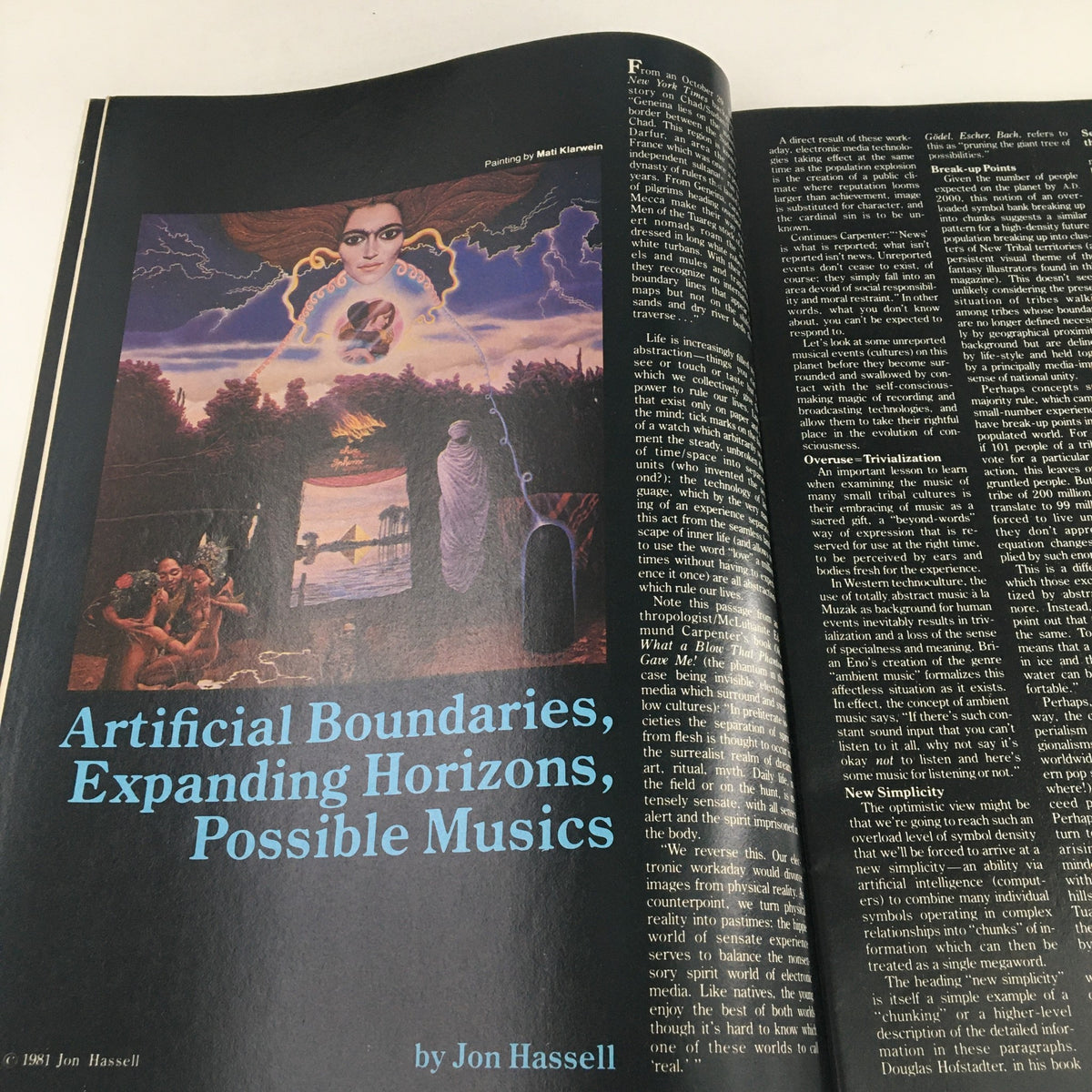 Inside page from Heavy Metal Magazine March 1982 showcasing an article titled 'Artificial Boundaries, Expanding Horizons, Possible Musics' by Jon Hassell with accompanying art.
