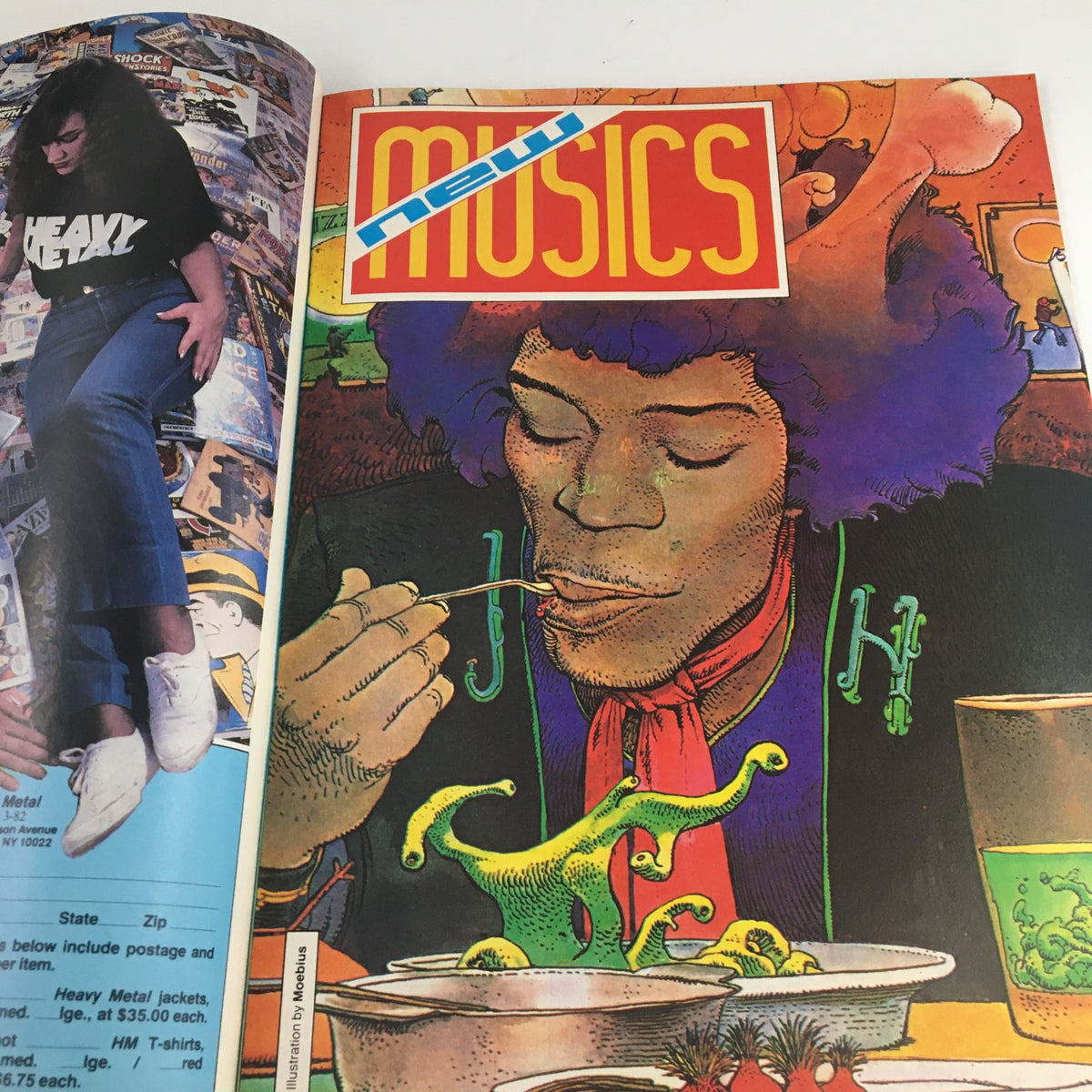 Illustration from Heavy Metal Magazine March 1982, depicting a character inspired by Jimi Hendrix, showcasing vibrant colors and artistic design that reflects the magazine's eclectic style.