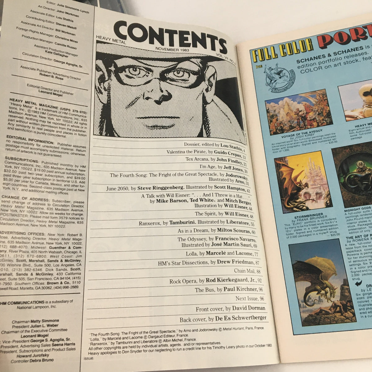 Contents page of Heavy Metal Magazine November 1983, listing various stories including Valentina the Pirate by Guido Crepax, emphasizing the magazine's diverse fantasy and sci-fi content.