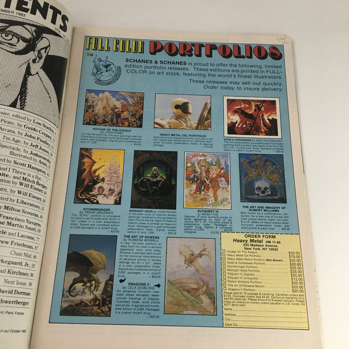 Interior page from Heavy Metal Magazine November 1983 showcasing full-color portfolio offerings, featuring various artists and their works.
