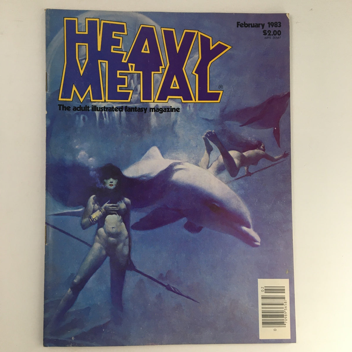 Cover of Heavy Metal Magazine February 1983 featuring striking artwork of a woman with a spear and dolphins, showcasing the iconic storytelling style of the magazine.