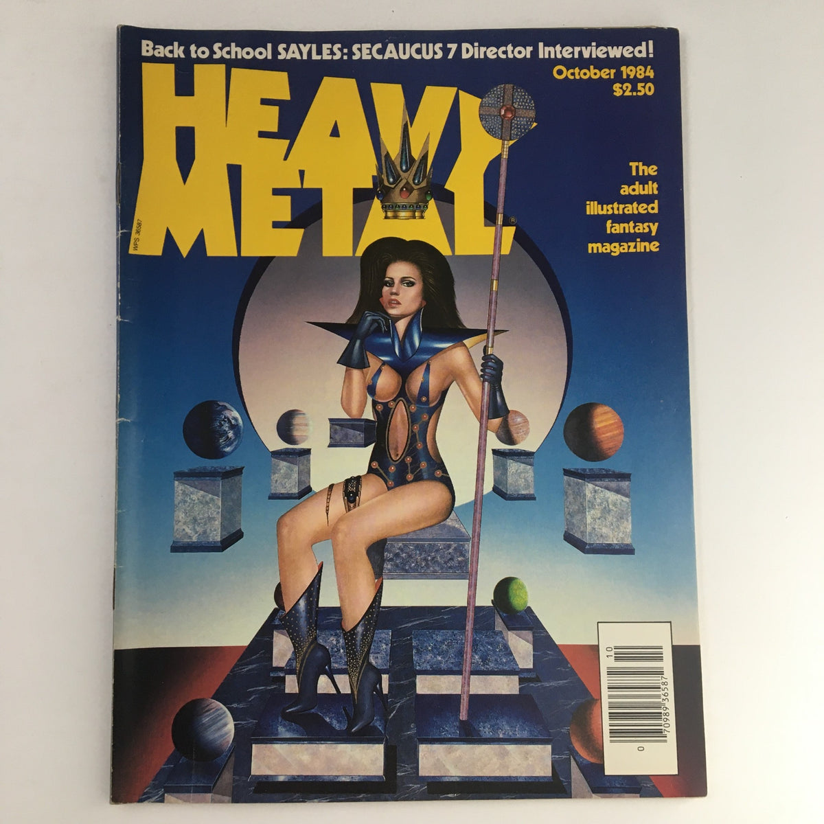 Cover of Heavy Metal Magazine October 1984 featuring 'The Great Passage' by Jeronaton, showcasing a striking illustration of a woman in a futuristic costume with a crown, set against a cosmic background with planets and geometric shapes.