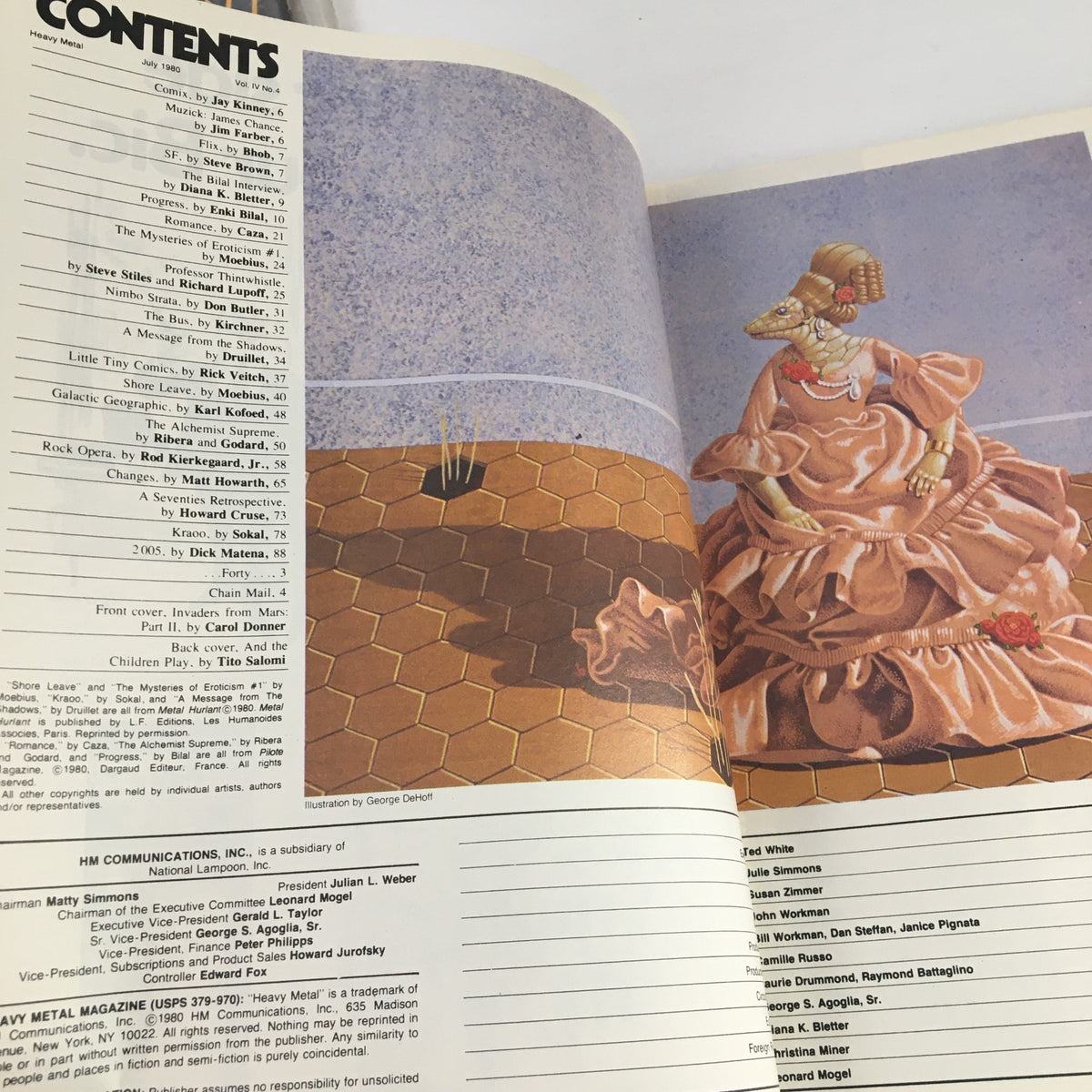 Contents page of Heavy Metal Magazine July 1980 displaying the list of stories and illustrations including 'The Mysteries of Eroticism' by Moebius.