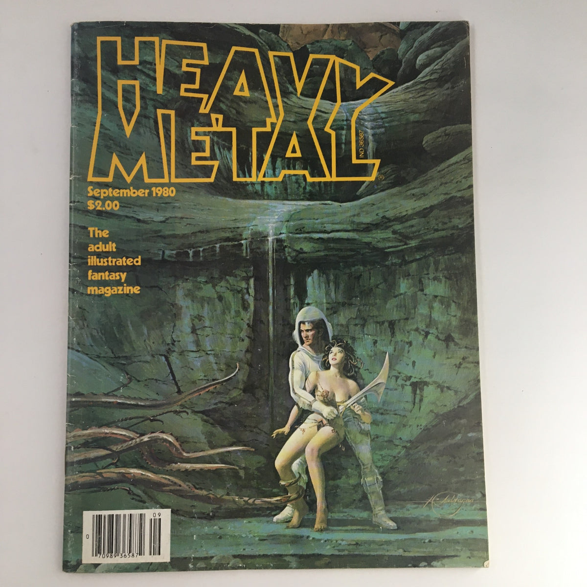 Cover of Heavy Metal Magazine September 1980 titled 'It Came from Mount Saint Helens', showcasing vibrant fantasy art, featuring a warrior and a woman in a mystical landscape.