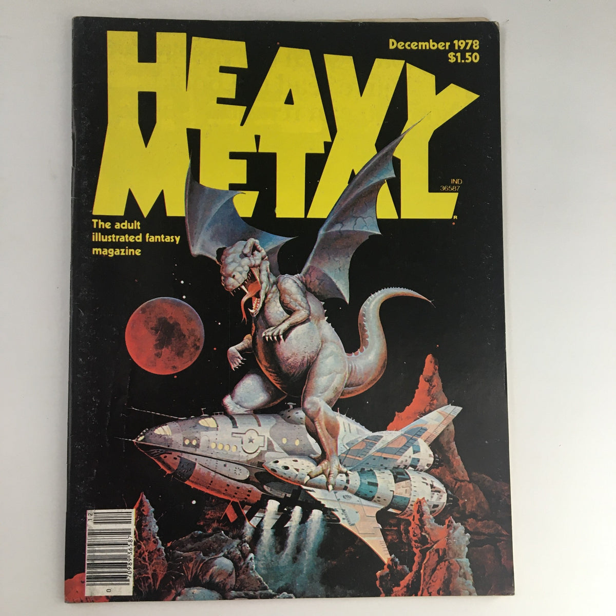 Cover of Heavy Metal Magazine December 1978 featuring a dragon-like creature on a rocket ship against a cosmic backdrop. This vintage magazine showcases the unique art of Peter Jones, reflecting the bold themes of the late 1970s.