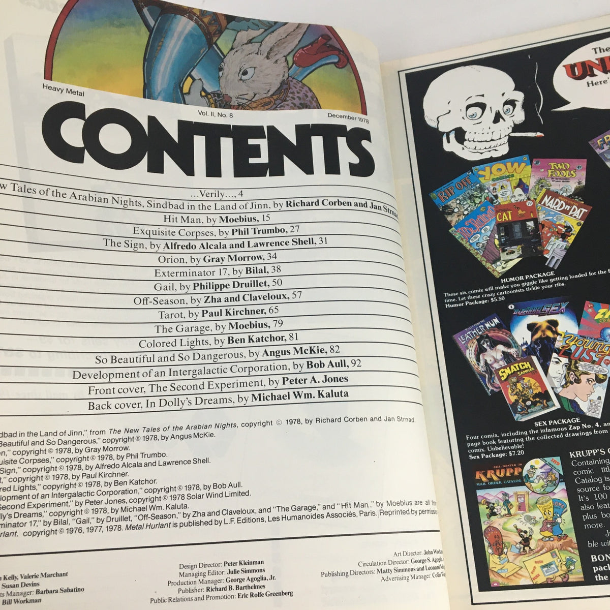 Contents page of Heavy Metal Magazine December 1978, listing featured stories including 'Hit Man' by Moebius and 'The Second Experiment' by Peter Jones. Showcases the eclectic mix of fantasy and sci-fi themes.