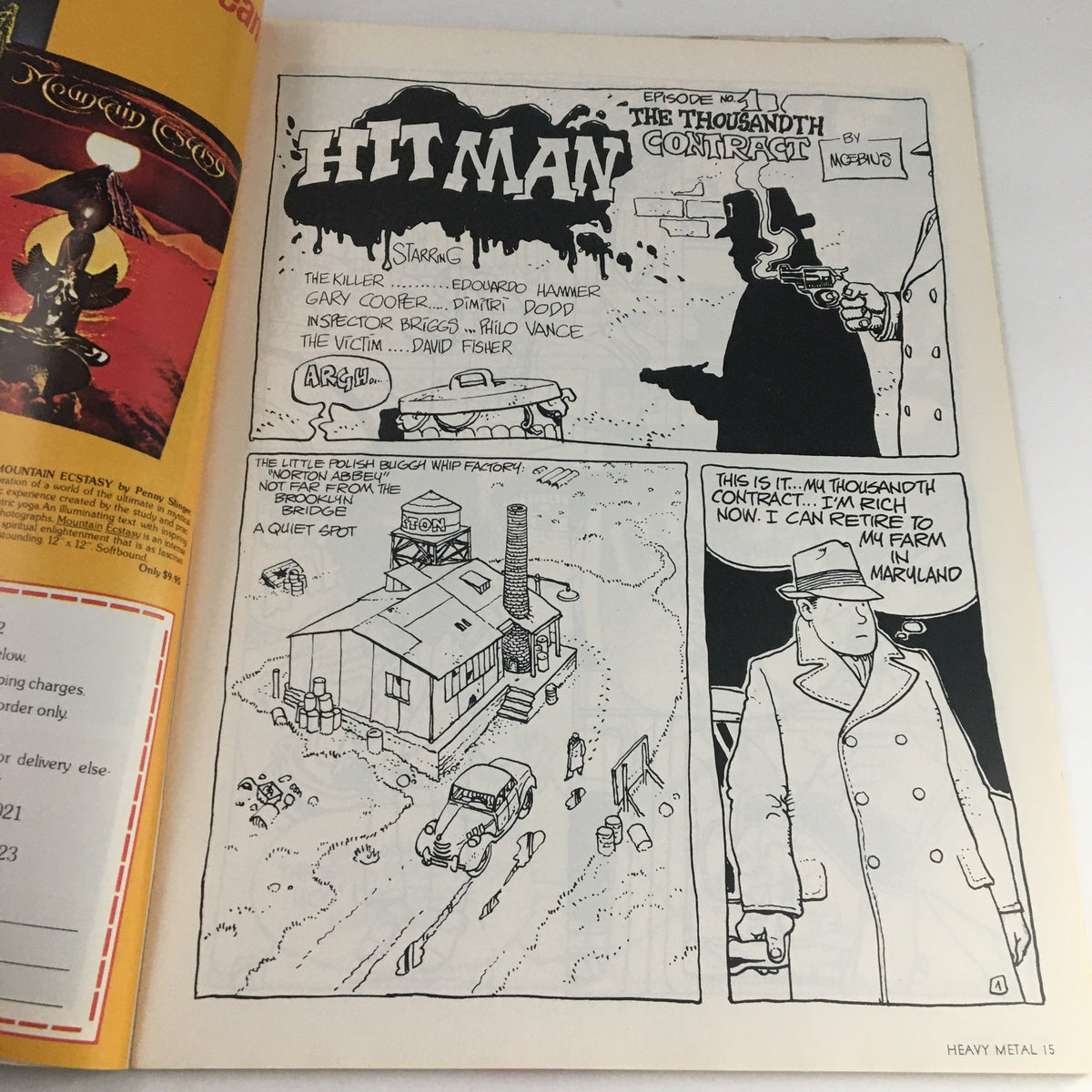 Page from Heavy Metal Magazine December 1978 featuring the comic strip 'Hit Man' by Moebius, illustrating noir themes with dramatic visuals. Highlights the magazine's creative storytelling.
