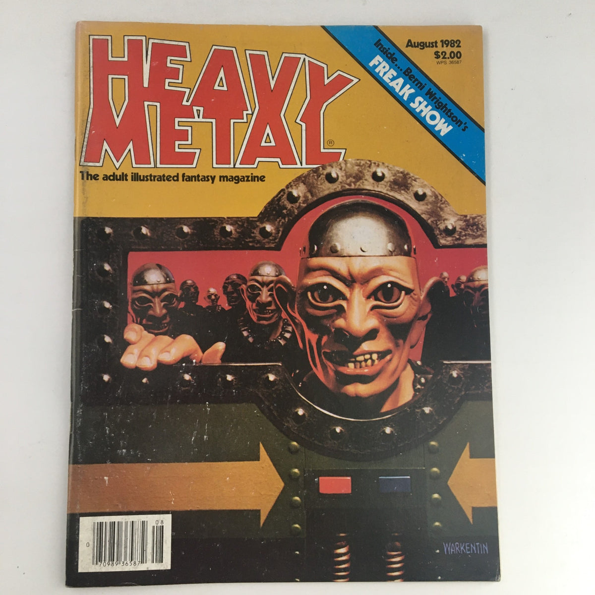 Cover of Heavy Metal Magazine August 1982 featuring dramatic artwork related to sci-fi fantasy, showcasing characters in elaborate masks and armor.