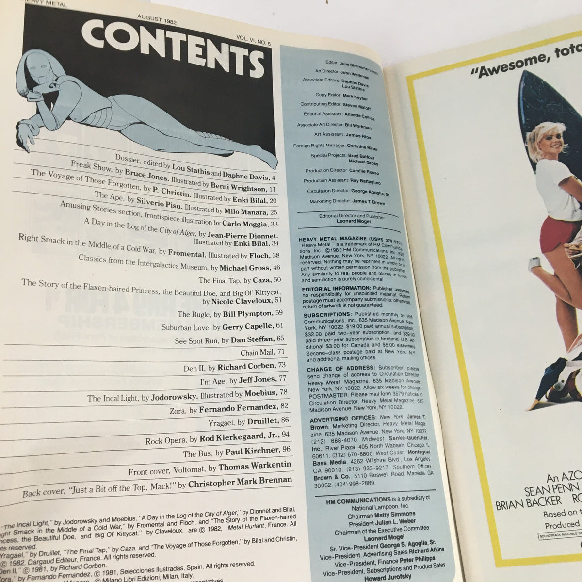 Table of contents page from Heavy Metal Magazine August 1982, listing featured stories and notable contributors, including 'The Incal Light' by Jodorowsky and Moebius.
