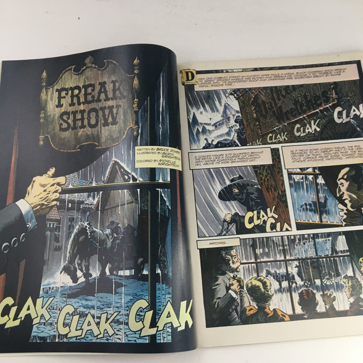 Heavy Metal Magazine August 1982 - Art from 'Freak Show' segment, showcasing vivid illustrations and comic storytelling by Bruce Jones, highlighting the sci-fi themes present in The Incal Light.