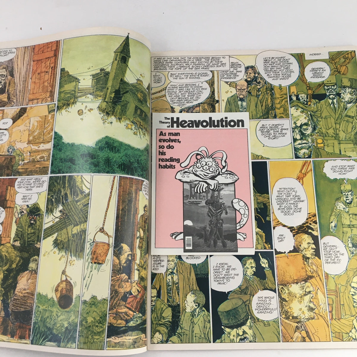 Heavy Metal Magazine August 1982 - Pages featuring 'Heavolution' article, exploring the evolution of reading habits alongside striking artwork, representative of the iconic graphic novel era in The Incal Light.