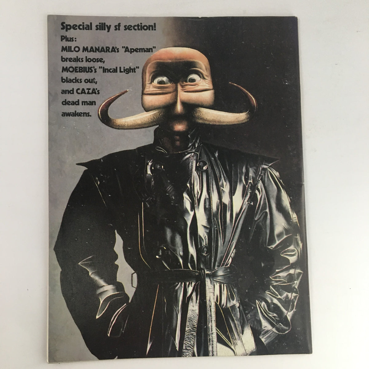 Heavy Metal Magazine August 1982 - Cover of the magazine, featuring a whimsical character with exaggerated features, related to the special section discussing Milo Manara's 'Apeman' and Moebius' 'Incal Light'.