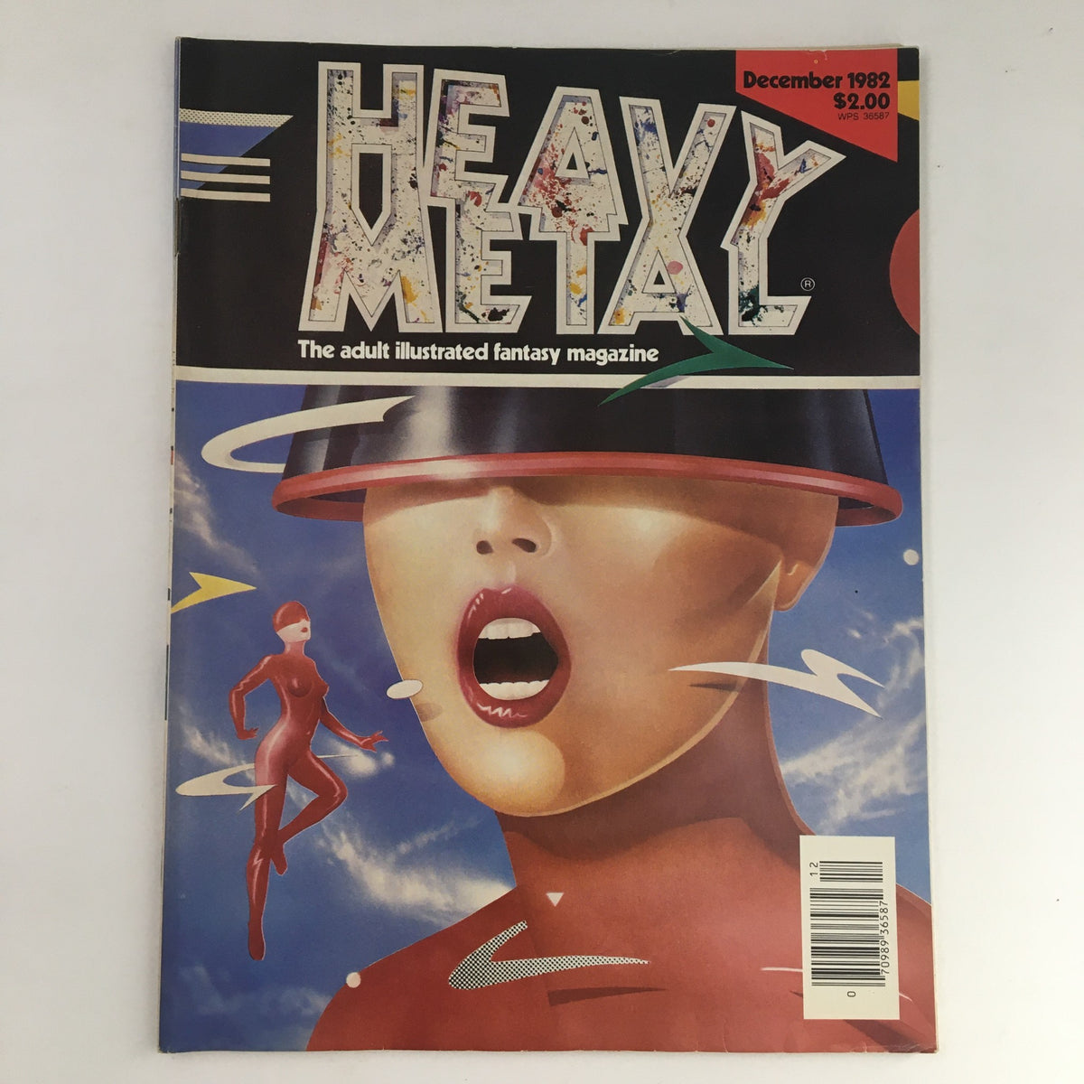 Cover of Heavy Metal Magazine December 1982: The Emerald Lake by Moebius featuring vibrant artwork of a futuristic woman and a captivating background.