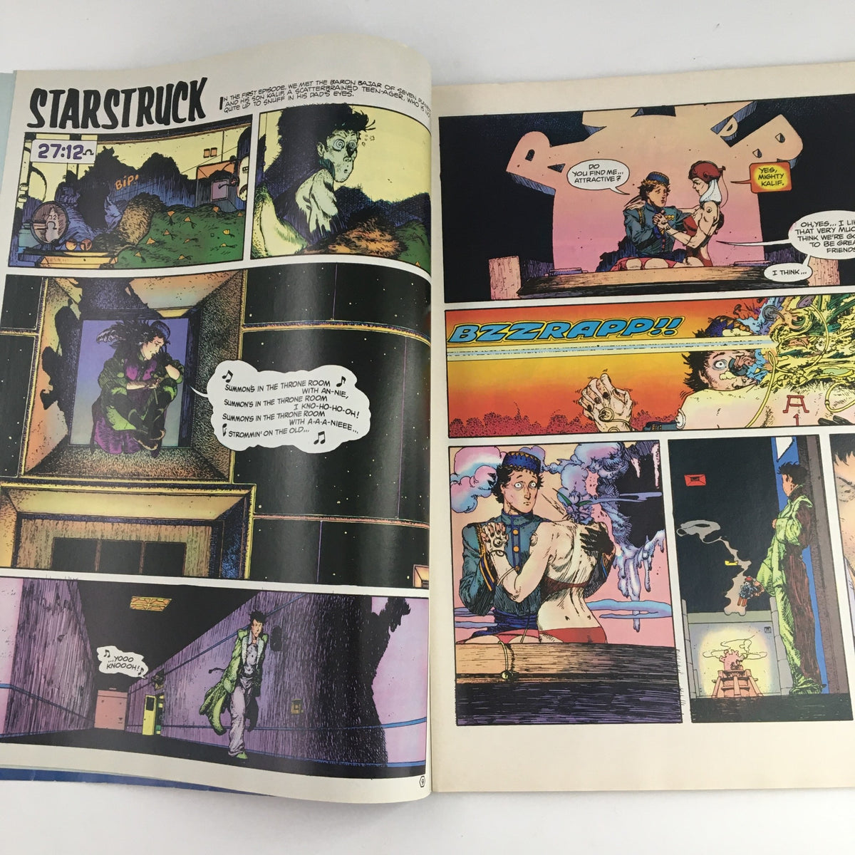 Comic page from Heavy Metal Magazine December 1982 showcasing 'Starstruck,' with colorful illustrations and engaging dialogue.
