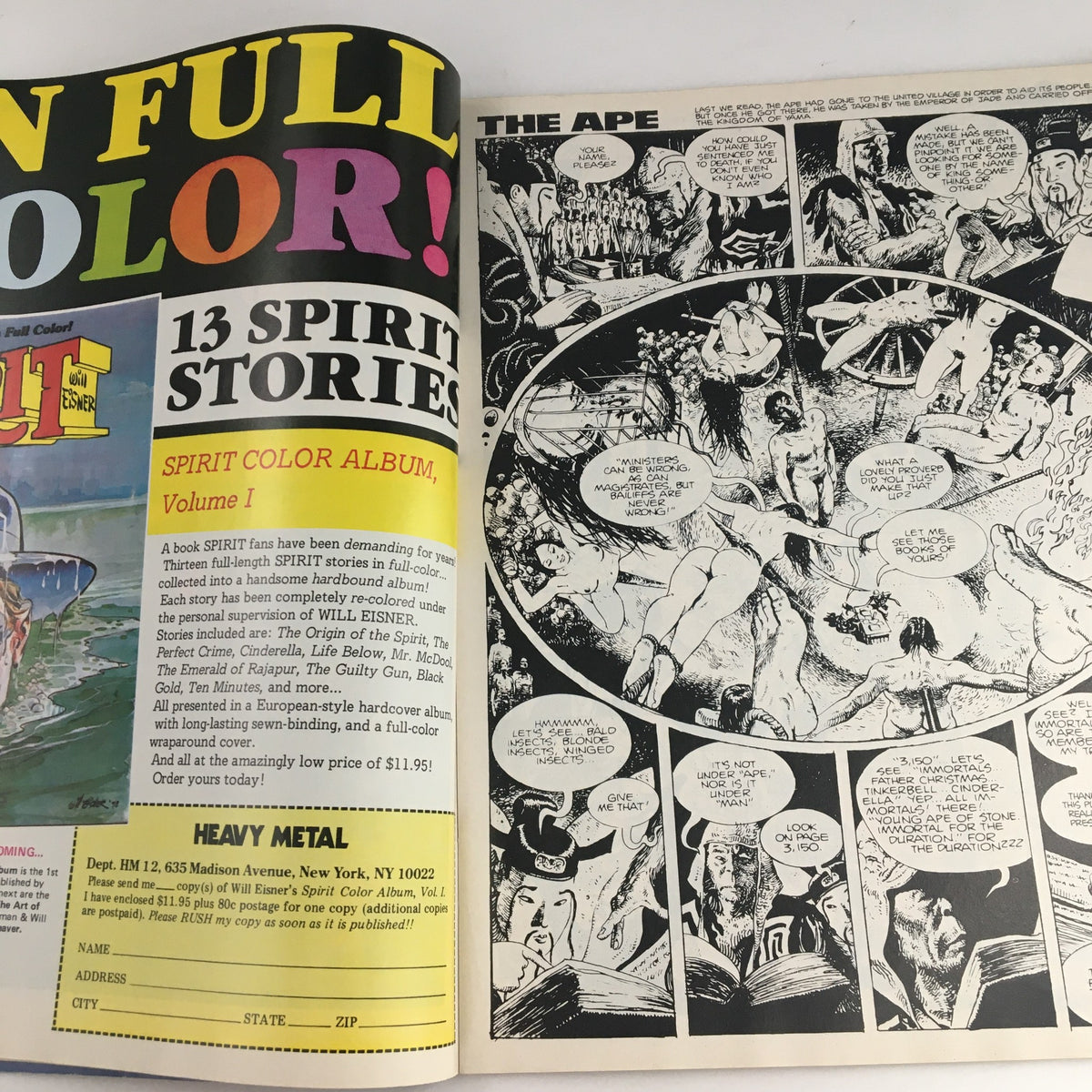 Promotional page from Heavy Metal Magazine December 1982 advertising 'Spirit Color Album, Volume 1' with illustrations and subscription details.