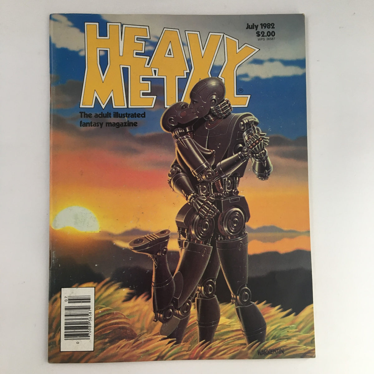 Cover of Heavy Metal Magazine July 1982 featuring striking artwork of robotic figures against a sunset backdrop. This iconic magazine encapsulates the bold artistic expressions characteristic of the early 1980s culture.