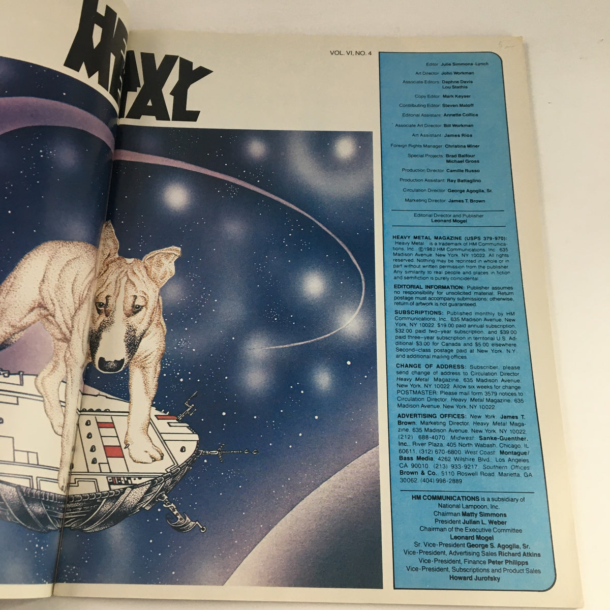 Editorial information page from Heavy Metal Magazine July 1982, featuring details about subscriptions and editorial team behind the vibrant adult illustrated fantasy magazine.