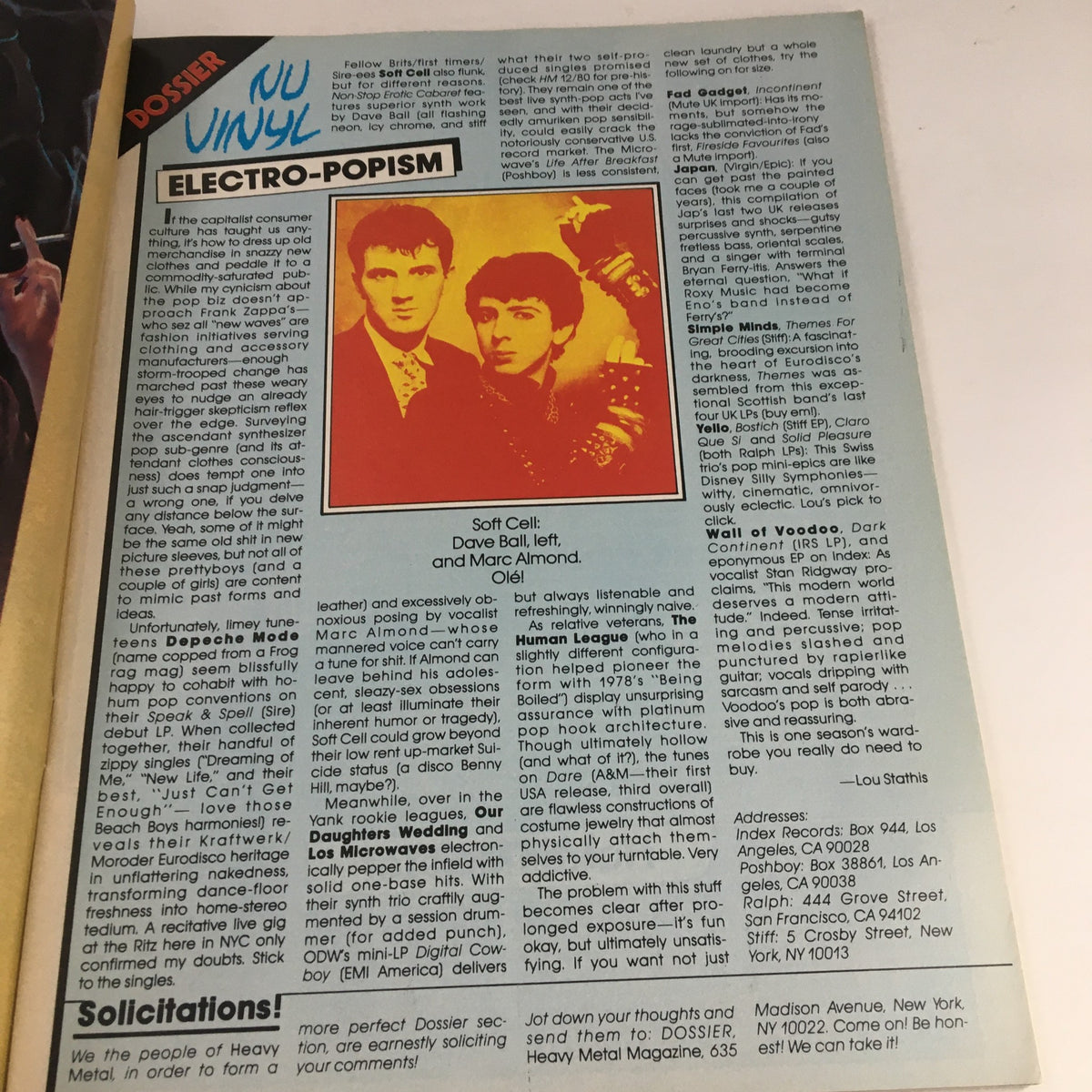 Dossier section titled 'Electro-Popism' from Heavy Metal Magazine July 1982, discussing notable music artists with a colorful photograph of Dave Ball and Marc Almond.