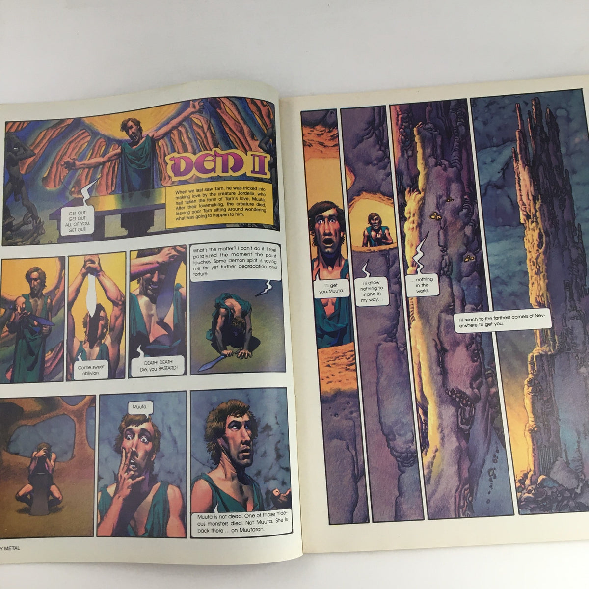 Comic page from Heavy Metal Magazine July 1982 titled 'Deni II', showcasing vivid illustrations and dramatic narrative typical of the magazine's unique storytelling style.