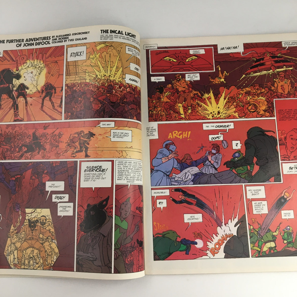 Comic page from Heavy Metal Magazine July 1982 Part 2 featuring vibrant artwork and scenes from 'The Incal Light' storyline, showcasing dynamic action and colorful illustrations.