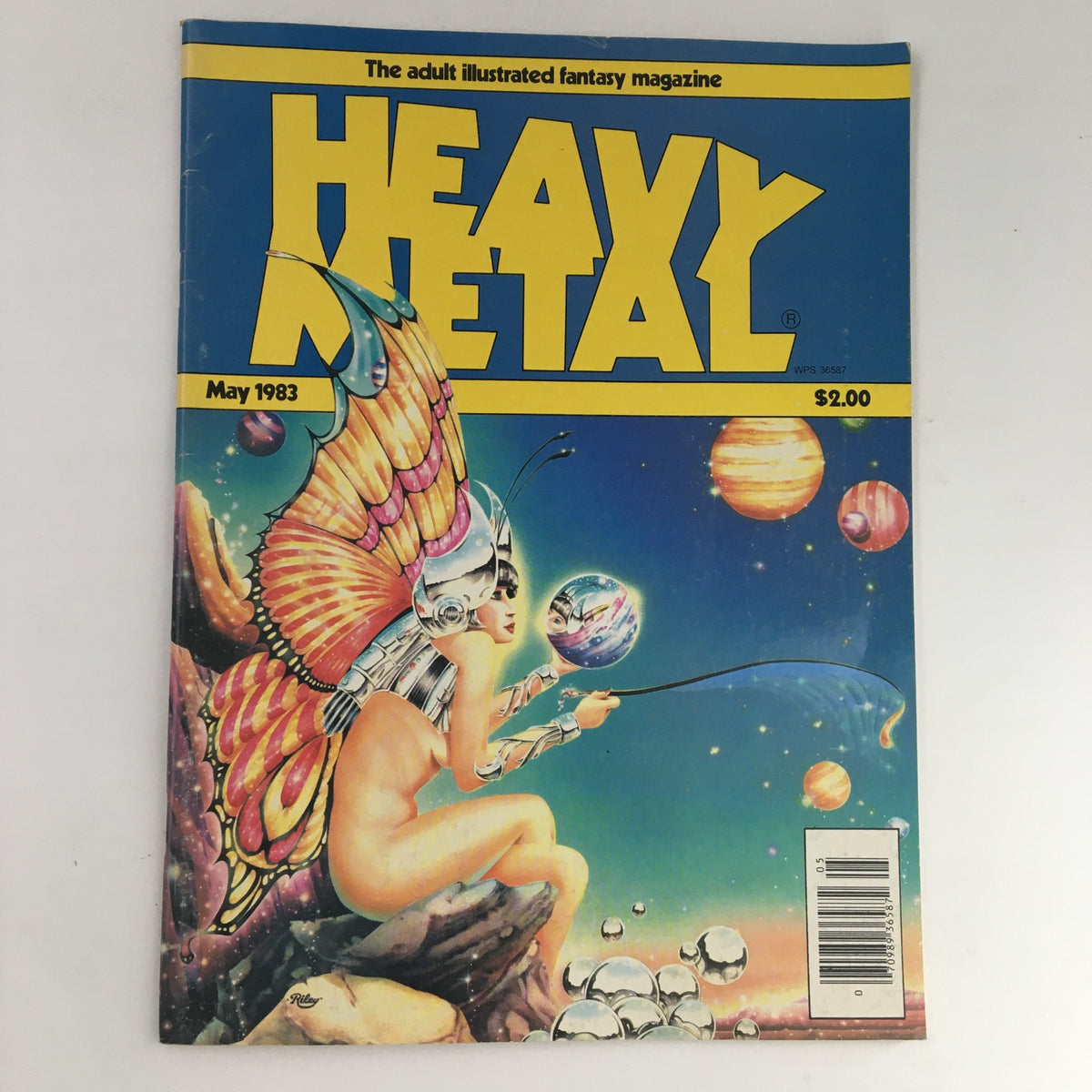 Cover of Heavy Metal Magazine from May 1983 featuring 'The Man from Harlem' by Crepax, showcasing vibrant fantasy art with a butterfly-themed character and a cosmic background.