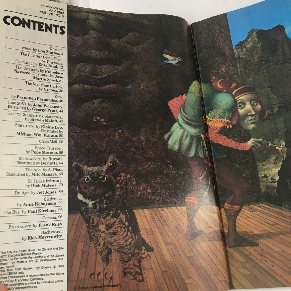 Contents page of Heavy Metal Magazine May 1983 featuring illustrations and articles including 'The Man from Harlem' by Crepax.