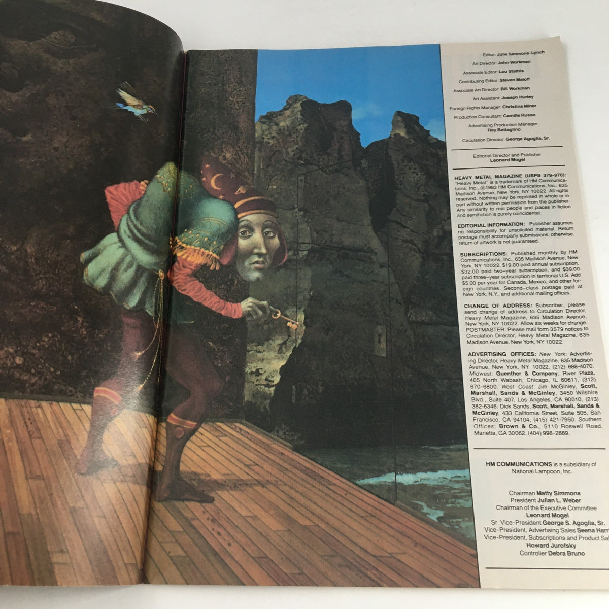 Editorial information page from Heavy Metal Magazine May 1983, showcasing the magazine's staff and contributions alongside artwork from the issue.