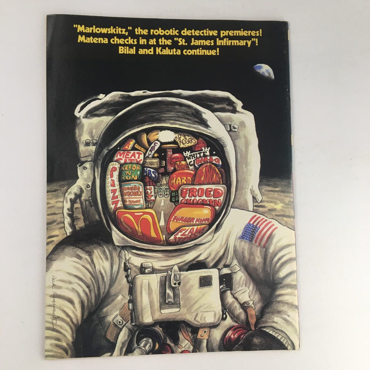 The cover art of Heavy Metal Magazine May 1983 featuring 'The Man from Harlem' showcases a futuristic astronaut helmet filled with food advertisements. This creative illustration represents the magazine's blend of science fiction and unique artistic expression from the era.