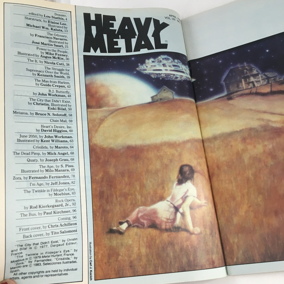 Interior page of Heavy Metal Magazine April 1983 displaying the table of contents along with artistic visuals, showcasing a mix of science fiction narratives.