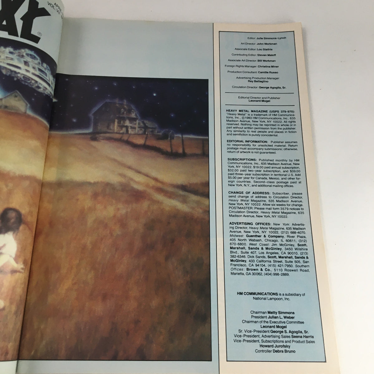 Another interior page of Heavy Metal Magazine April 1983 featuring editorial details alongside a dreamlike scene, reflecting the imaginative themes of the magazine.
