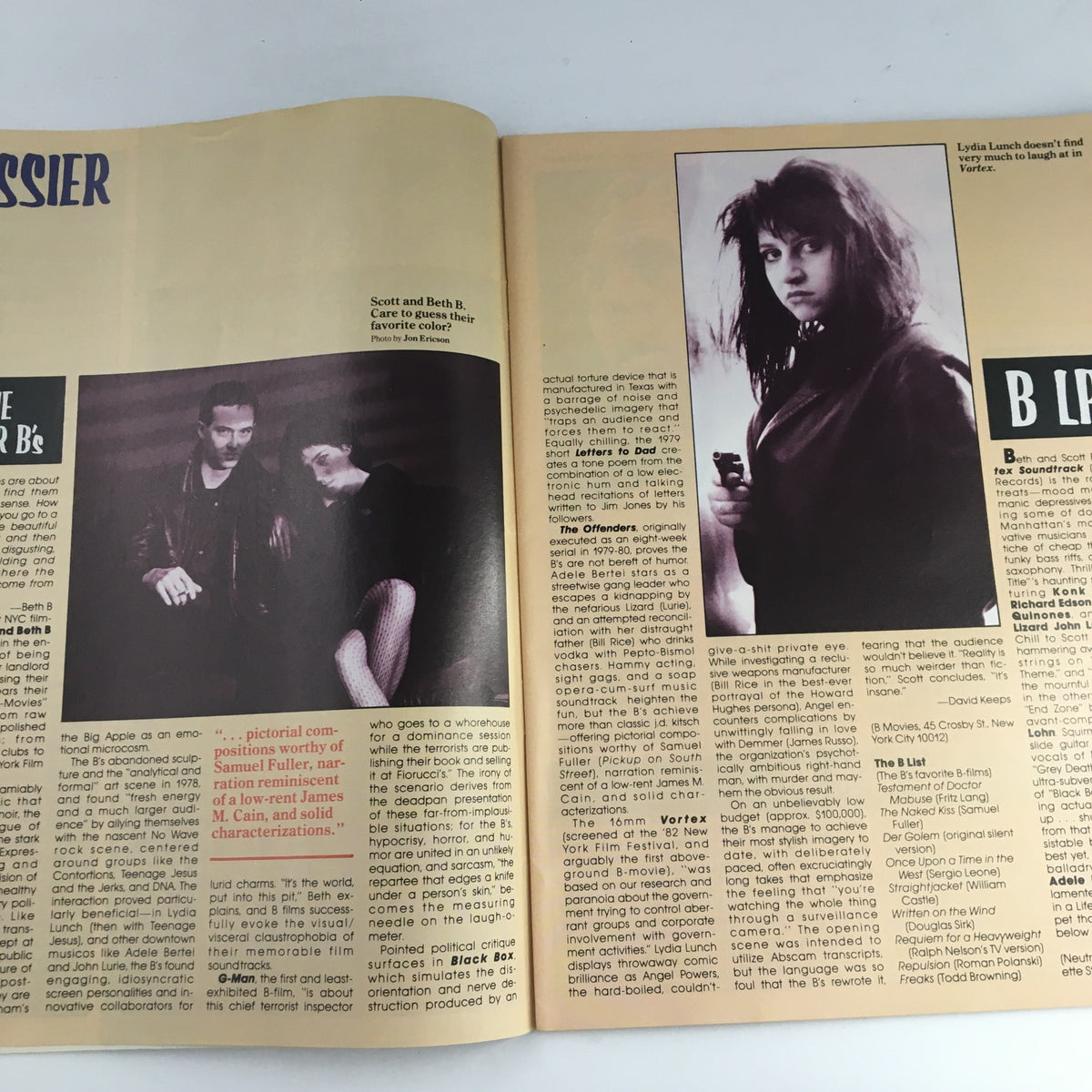 Inside spread of Heavy Metal Magazine April 1983 showcasing an article featuring Scott and Beth B, alongside a photograph of Lydia Lunch. This vintage issue captures the essence of 80s culture.