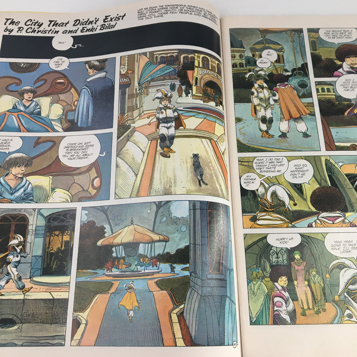 Comic pages from 'The City That Didn't Exist' by P. Christin and Enki Bilal featured in Heavy Metal Magazine, September 1983, depicting a vibrant illustrated scene.