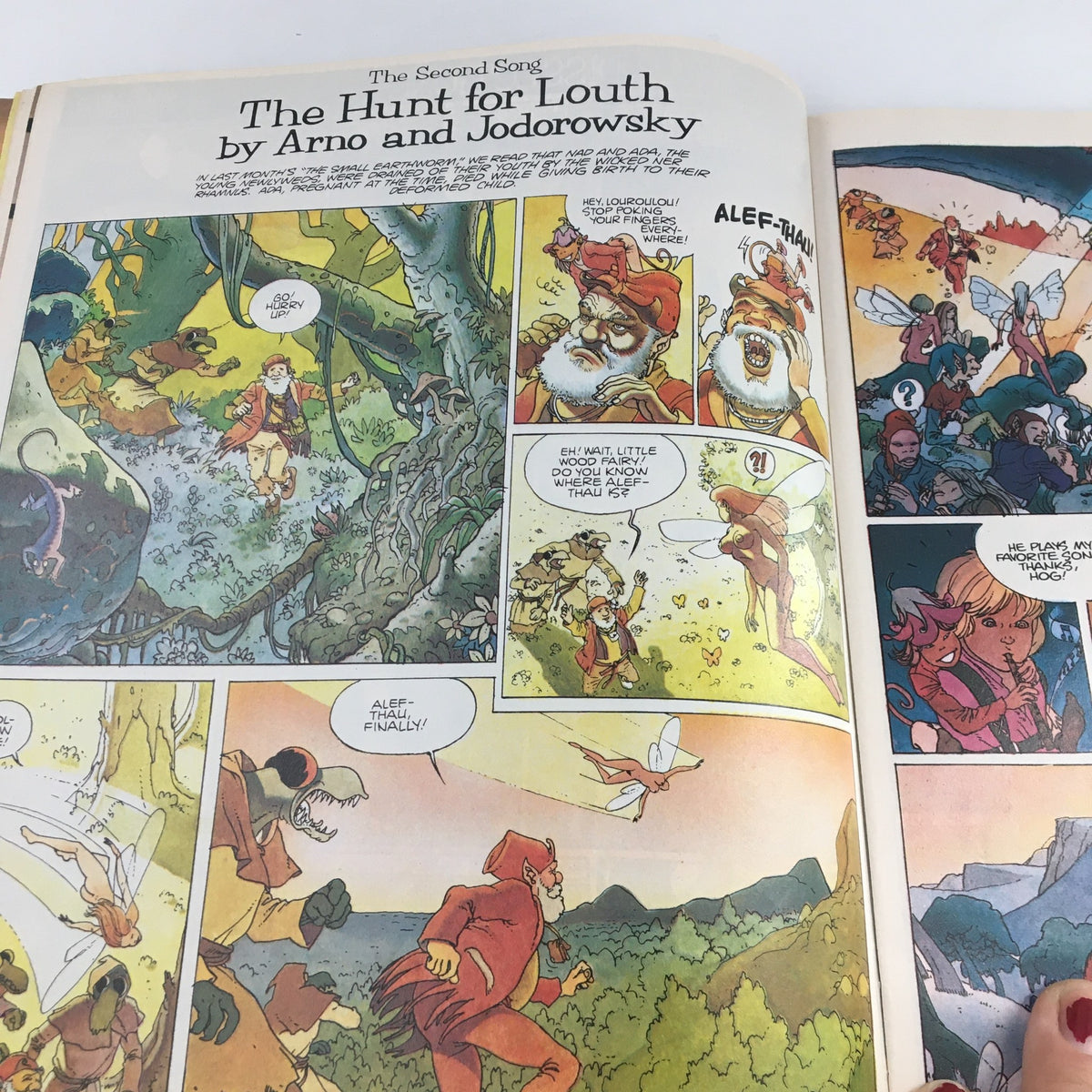 Comic pages from 'The Hunt for Louth' by Arno and Jodorowsky in Heavy Metal Magazine, September 1983, showcasing fantastical characters and vibrant illustrations.