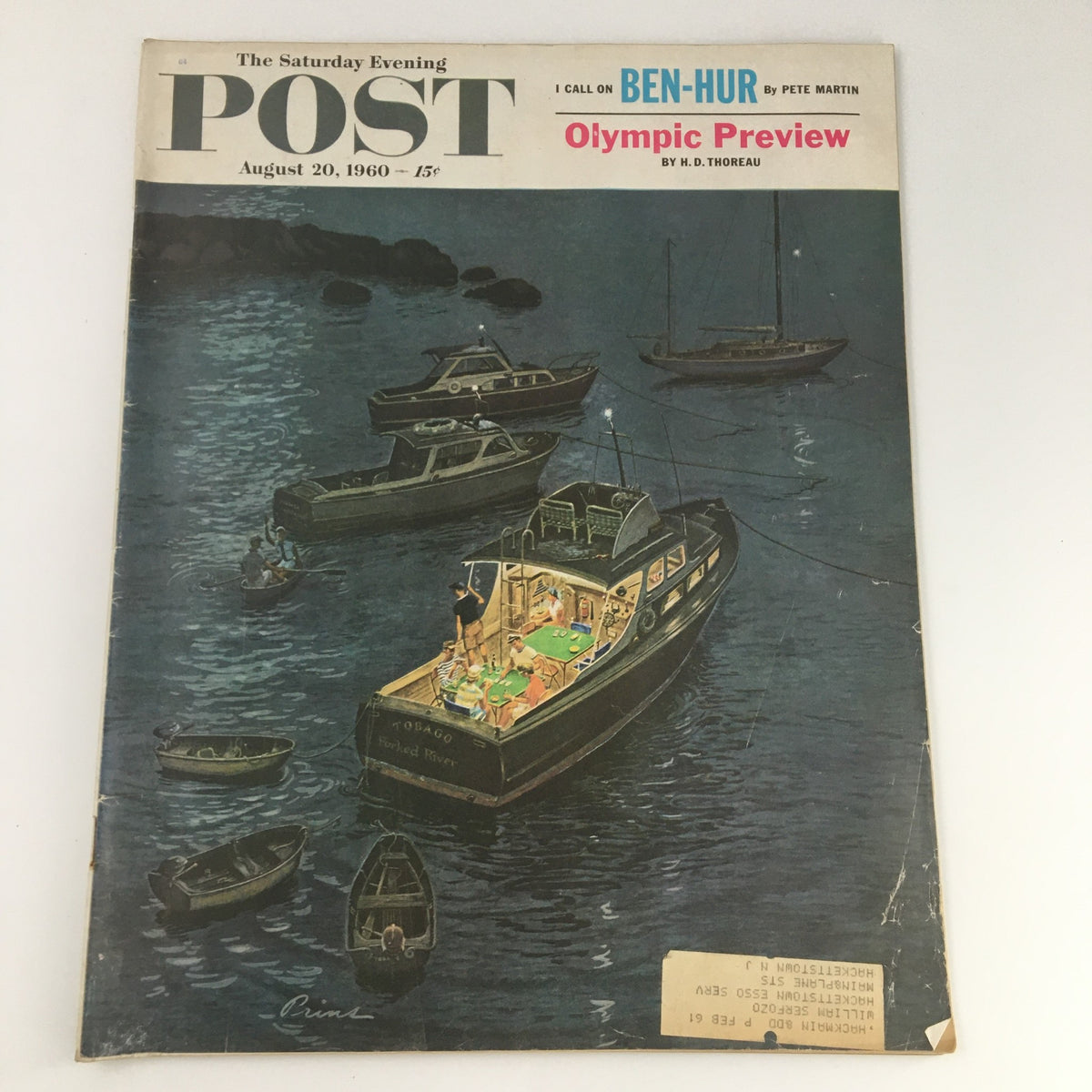 Cover of The Saturday Evening Post from August 20, 1960, featuring the title 'I Call On Ben Hur' by Pete Martin, depicting boats on a tranquil water scene with nighttime ambiance.