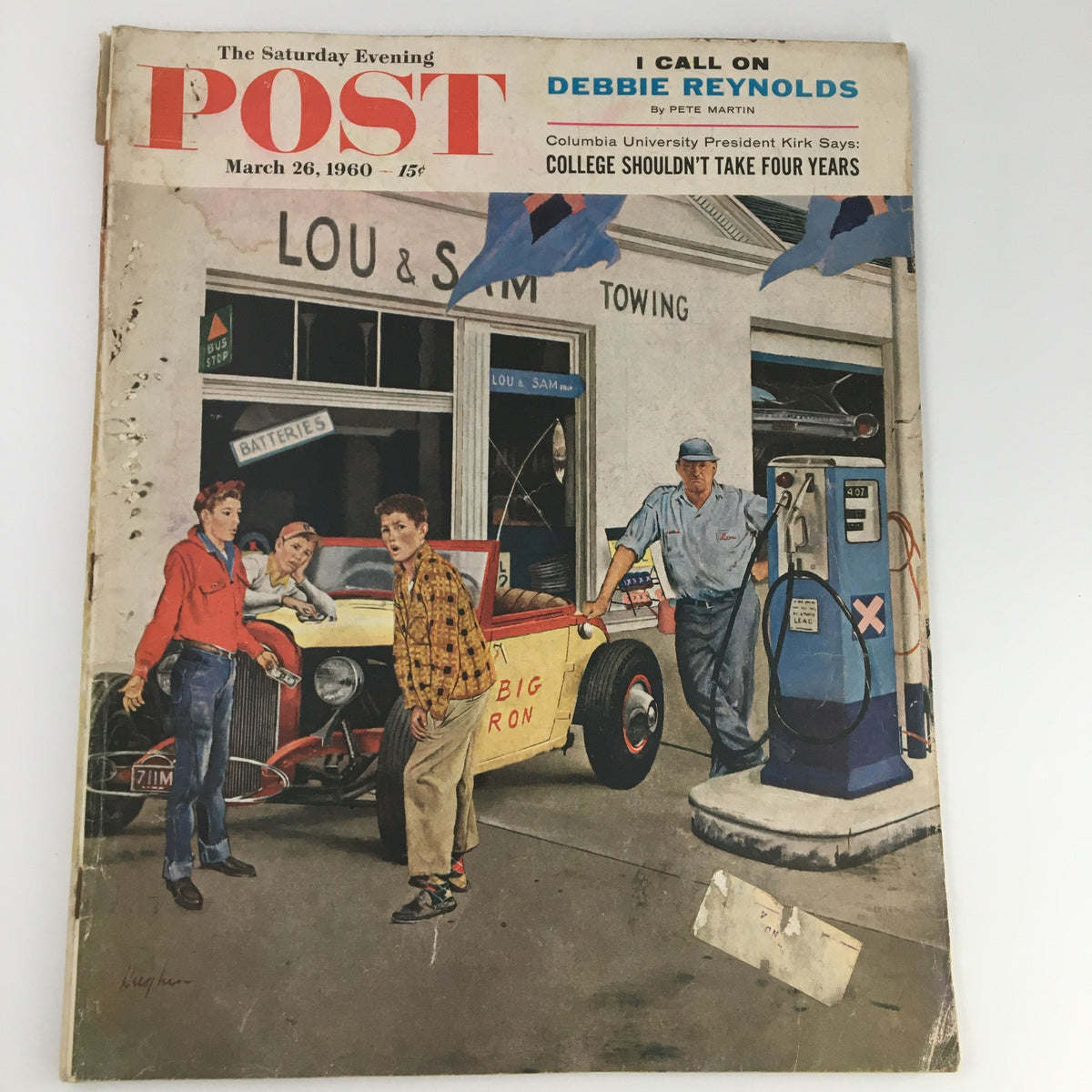 The Saturday Evening Post March 26 1960 cover featuring I Call On Debbie Reynolds by Pete Martin, depicting a vintage scene with boys near a car at a gas station.