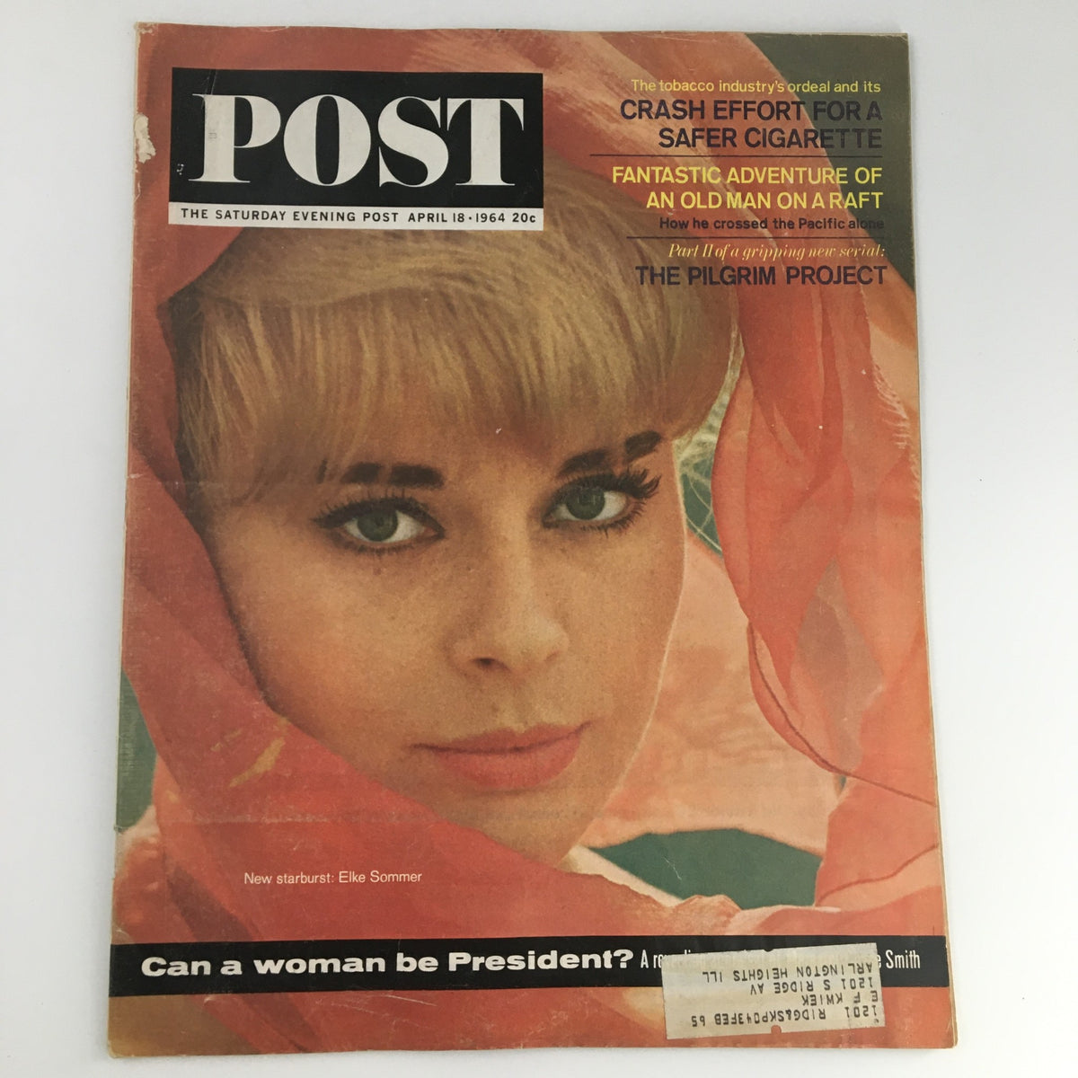 The Saturday Evening Post April 18 1964 cover featuring Elke Sommer with a striking starburst design, highlighting mid-century visual aesthetics.