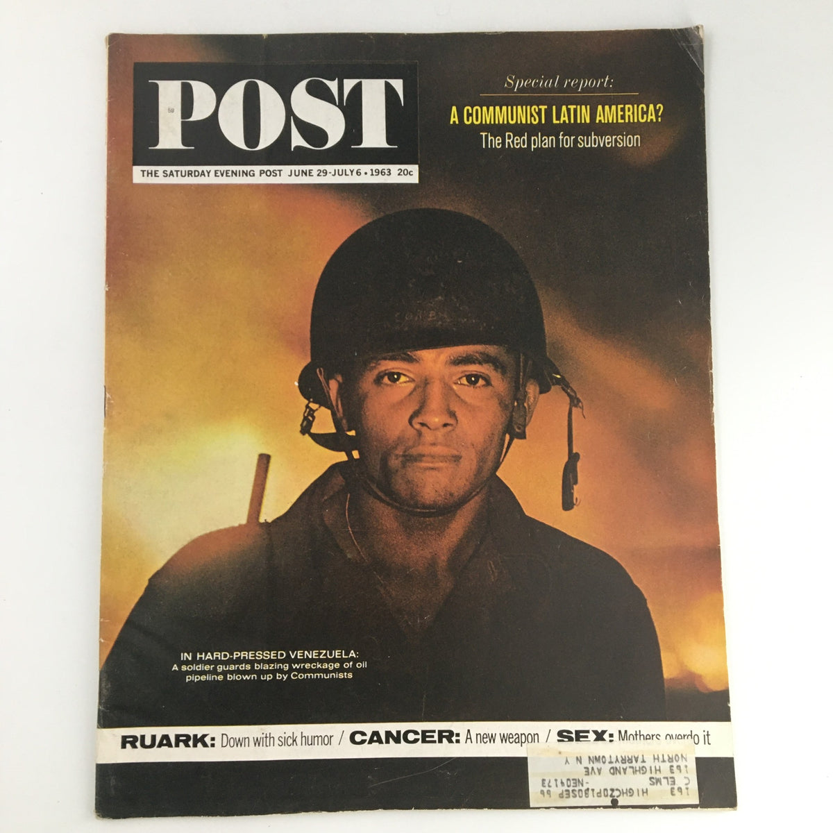 Cover of The Saturday Evening Post from June 29 to July 6, 1963 featuring a soldier, highlighting themes of humor and commentary by Lenny Bruce and Robert Ruark.