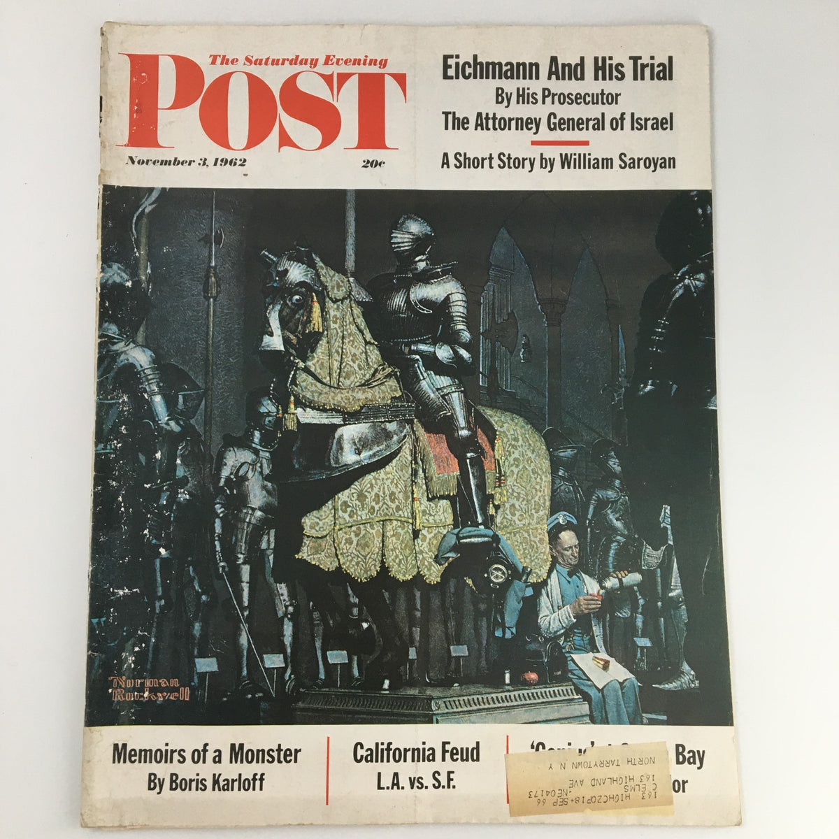 The Saturday Evening Post November 3 1962 cover showcasing a Norman Rockwell painting, featuring detailed artwork depicting a historical theme with armored knights and an artist working on a sculpture.