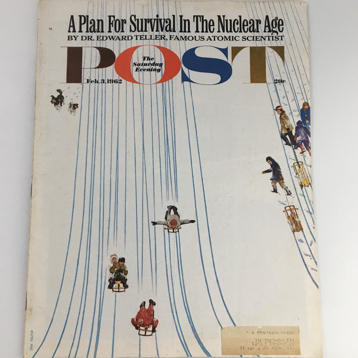 Cover of The Saturday Evening Post February 3, 1962, featuring the article 'A Plan For Survival In The Nuclear Age' by Dr. Edward Teller showcasing children sledding in a snowy landscape.