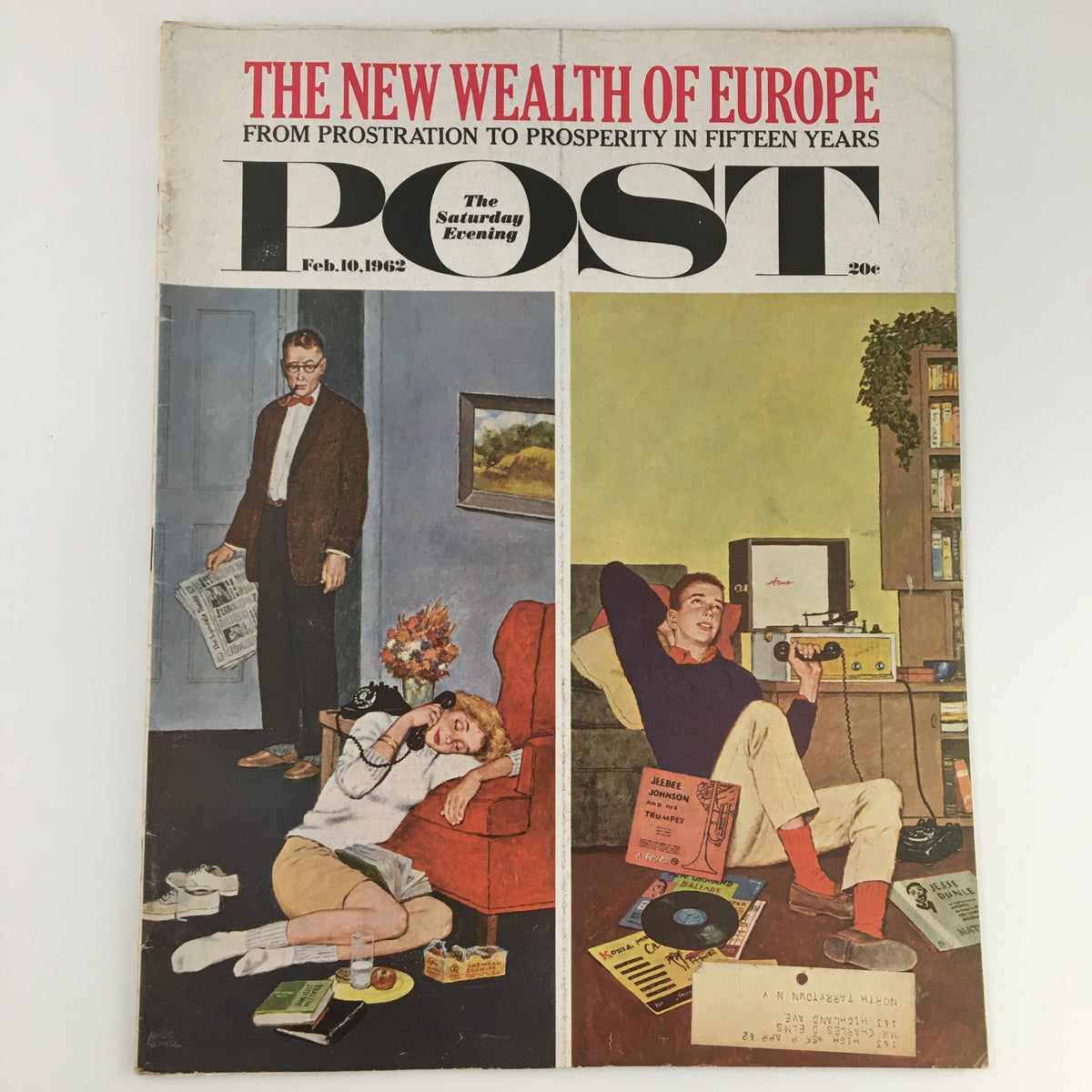Cover of The Saturday Evening Post from February 10, 1962, featuring the article 'The New Wealth of Europe'. The cover showcases illustrations depicting various aspects of life in the 1960s, including a man with a newspaper, a woman on the phone, and a young man enjoying music.