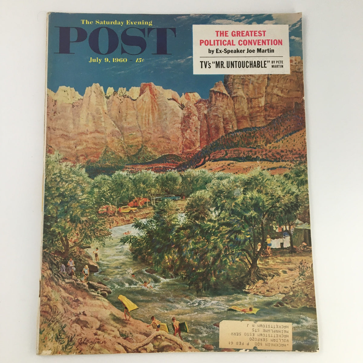 Cover of The Saturday Evening Post dated July 9, 1960, showcasing a vibrant illustration of a natural landscape with people enjoying a river. The magazine features an article titled 'The Greatest Political Convention' by Ex-Speaker Joe Martin, indicating its focus on a significant political event.