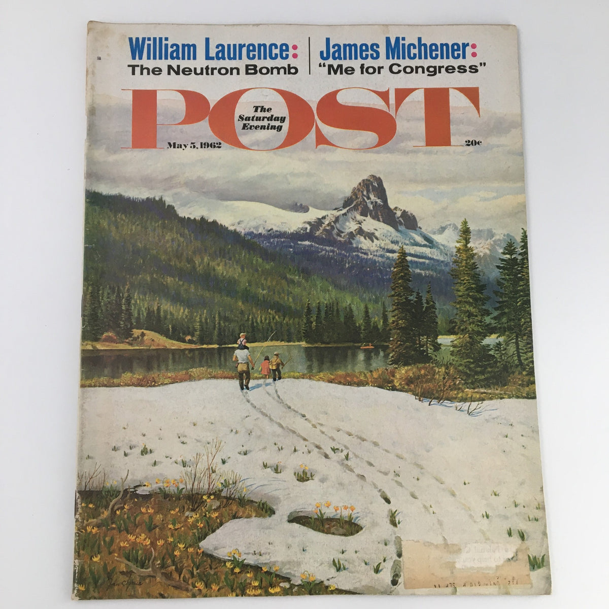Cover of The Saturday Evening Post from May 5, 1962 featuring articles by William Laurence and James Michener, with a scenic mountain landscape illustration.